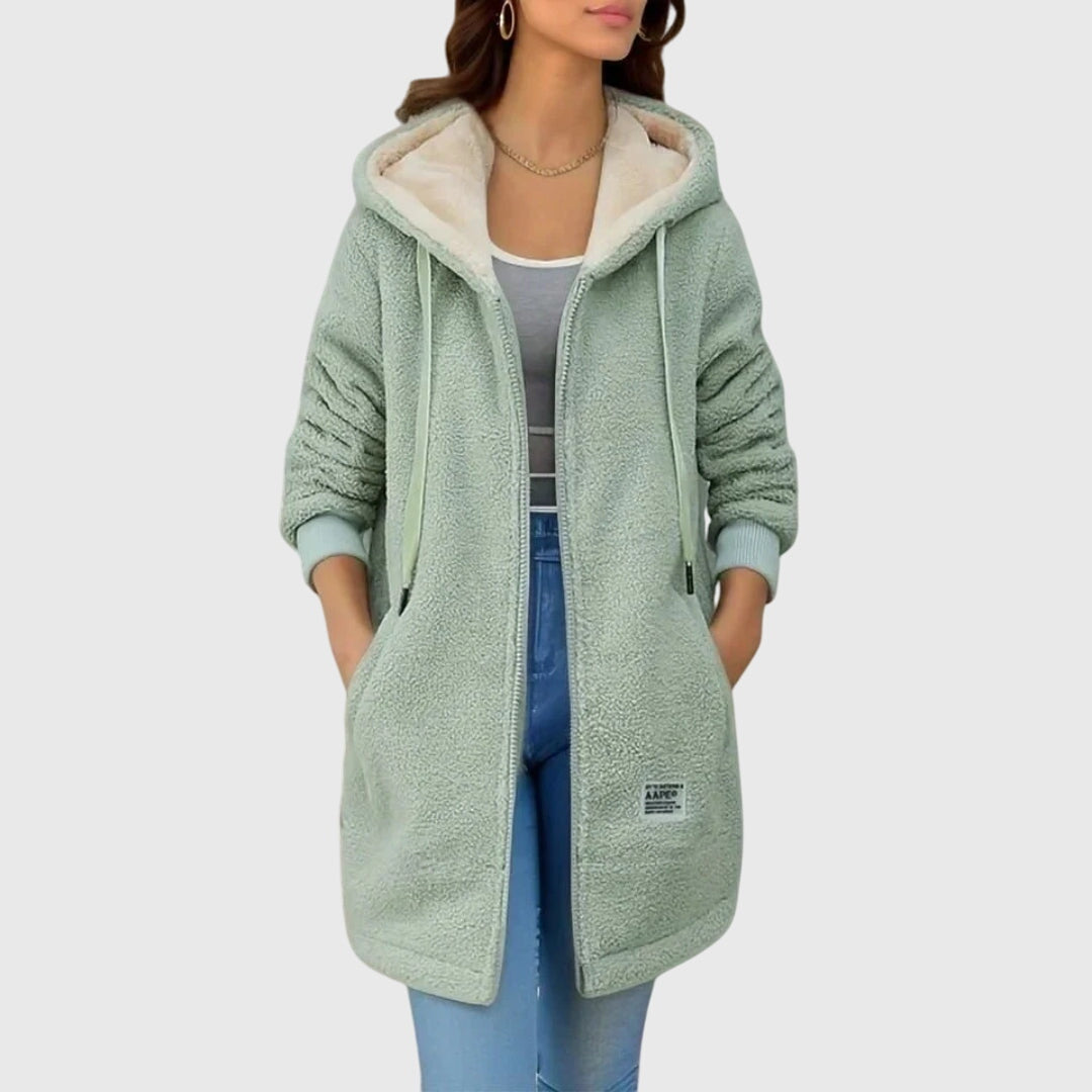 Chaqueta larga de sherpa con capucha para mujer