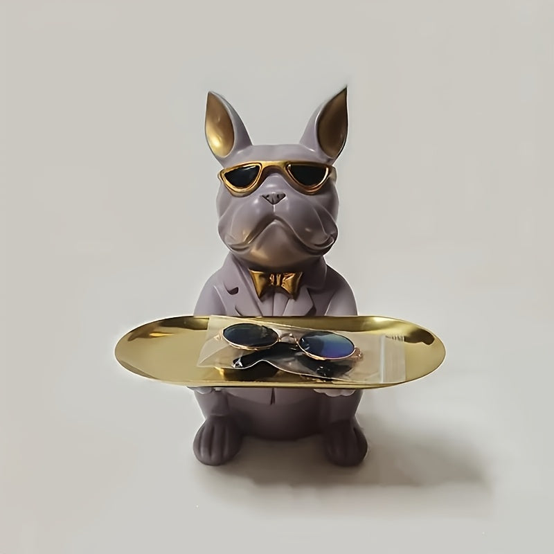 Figura de bulldog francés con bandeja para joyas y plato ovalado en tono dorado para decoración del hogar