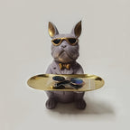 Figura de bulldog francés con bandeja para joyas y plato ovalado en tono dorado para decoración del hogar