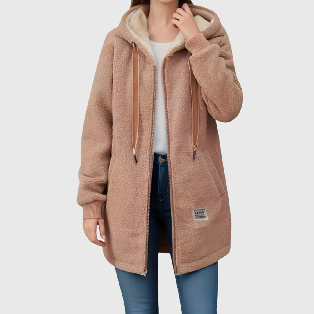 Chaqueta larga de sherpa con capucha para mujer