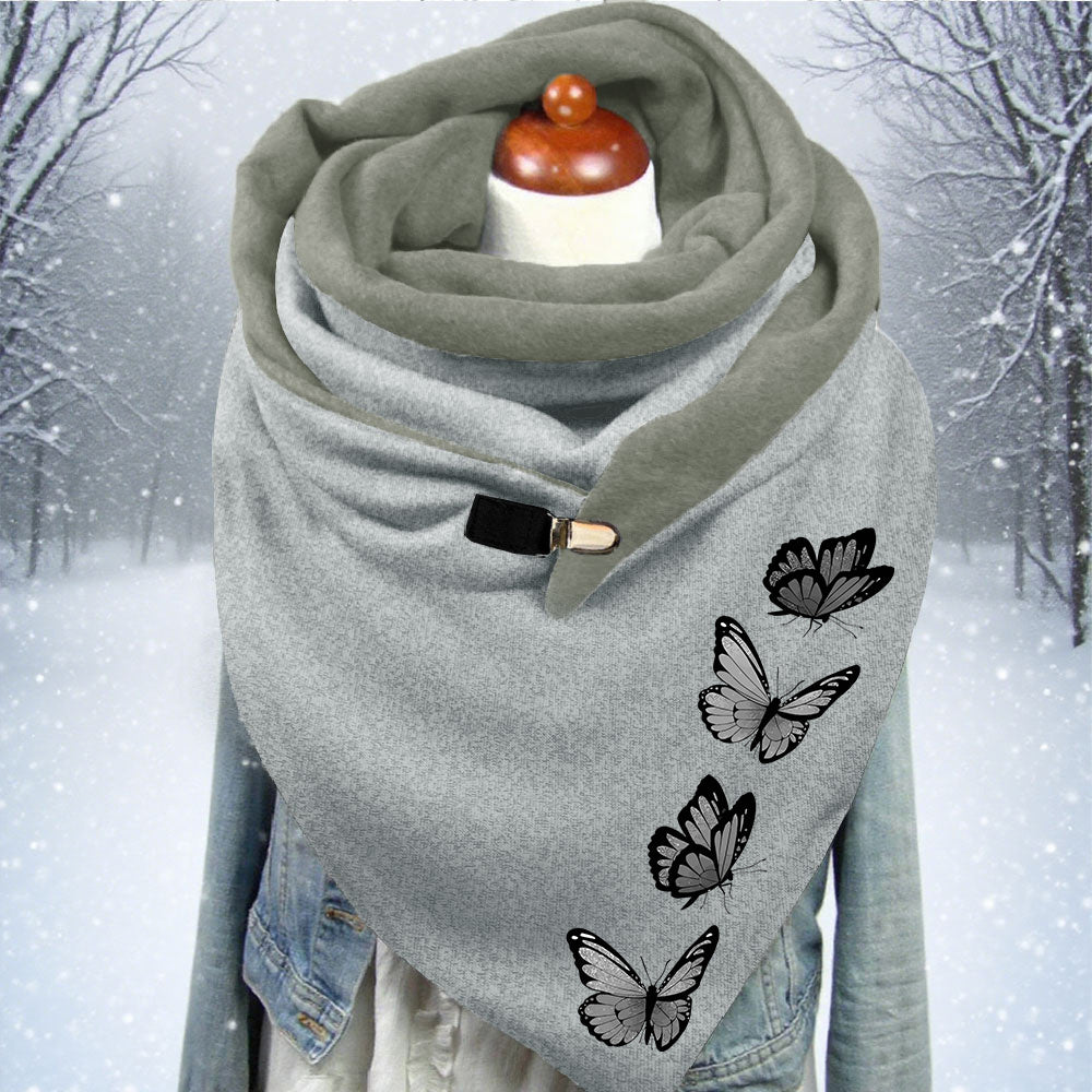 Butterfly Print Triangle Scarf with Soft Wrap Design and Decorative Clasp for Cool Weather
