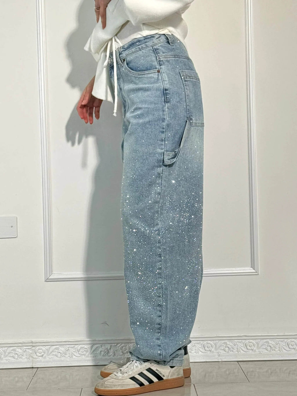 Women's High-Waisted Rhinestone Straight Leg Jeans with Sparkling All-Over Embellishment
