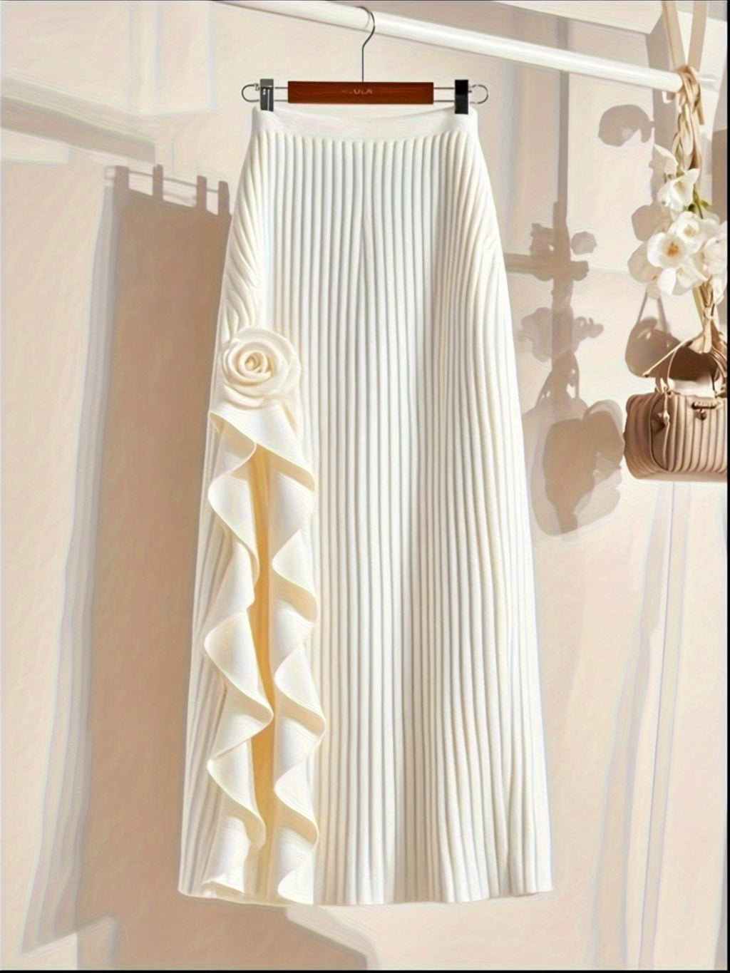Women’s Pleated Maxi Skirt with Floral Ruffle Detail