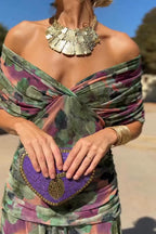 Damen drapiertes V-Ausschnitt Midi-Kleid mit transparentem Überwurf
