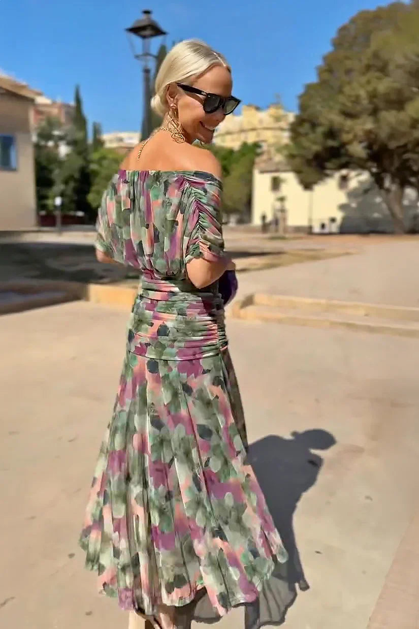 Damen drapiertes V-Ausschnitt Midi-Kleid mit transparentem Überwurf