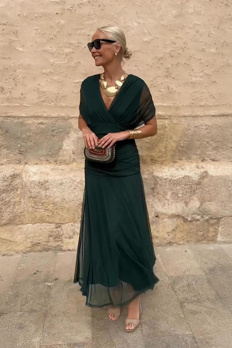 Damen drapiertes V-Ausschnitt Midi-Kleid mit transparentem Überwurf