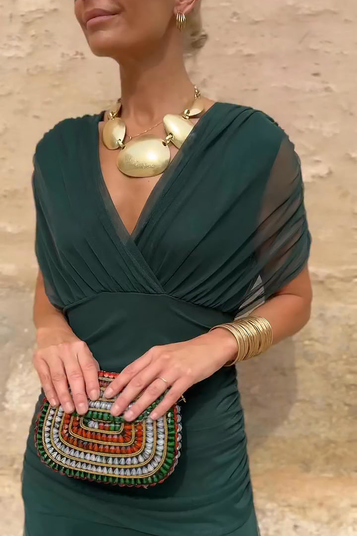 Damen drapiertes V-Ausschnitt Midi-Kleid mit transparentem Überwurf