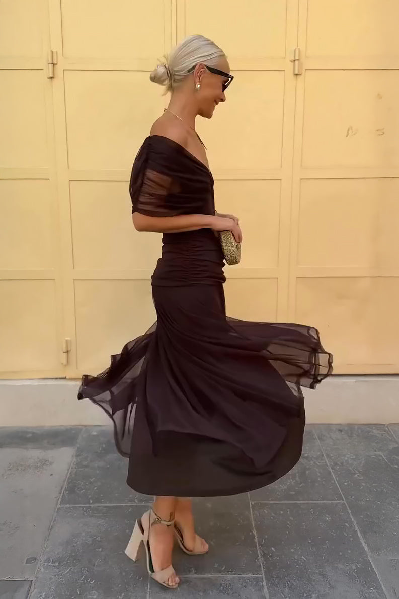 Damen drapiertes V-Ausschnitt Midi-Kleid mit transparentem Überwurf