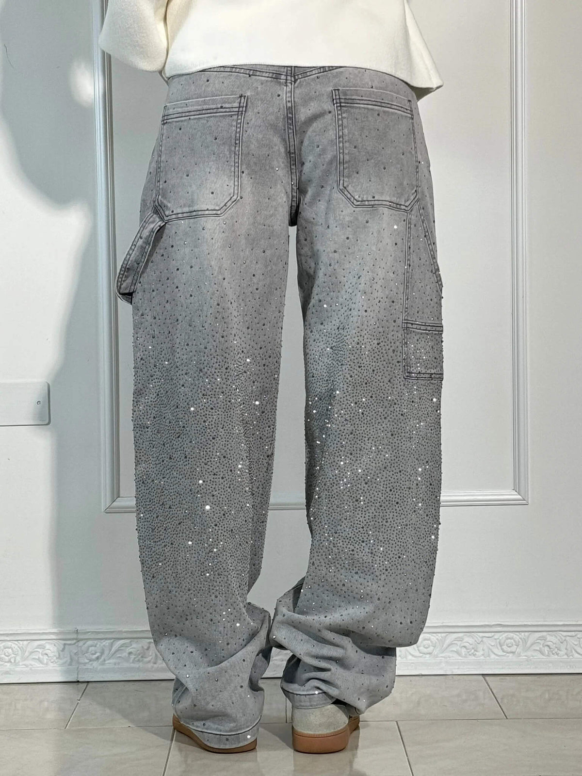 Women's High-Waisted Rhinestone Straight Leg Jeans with Sparkling All-Over Embellishment
