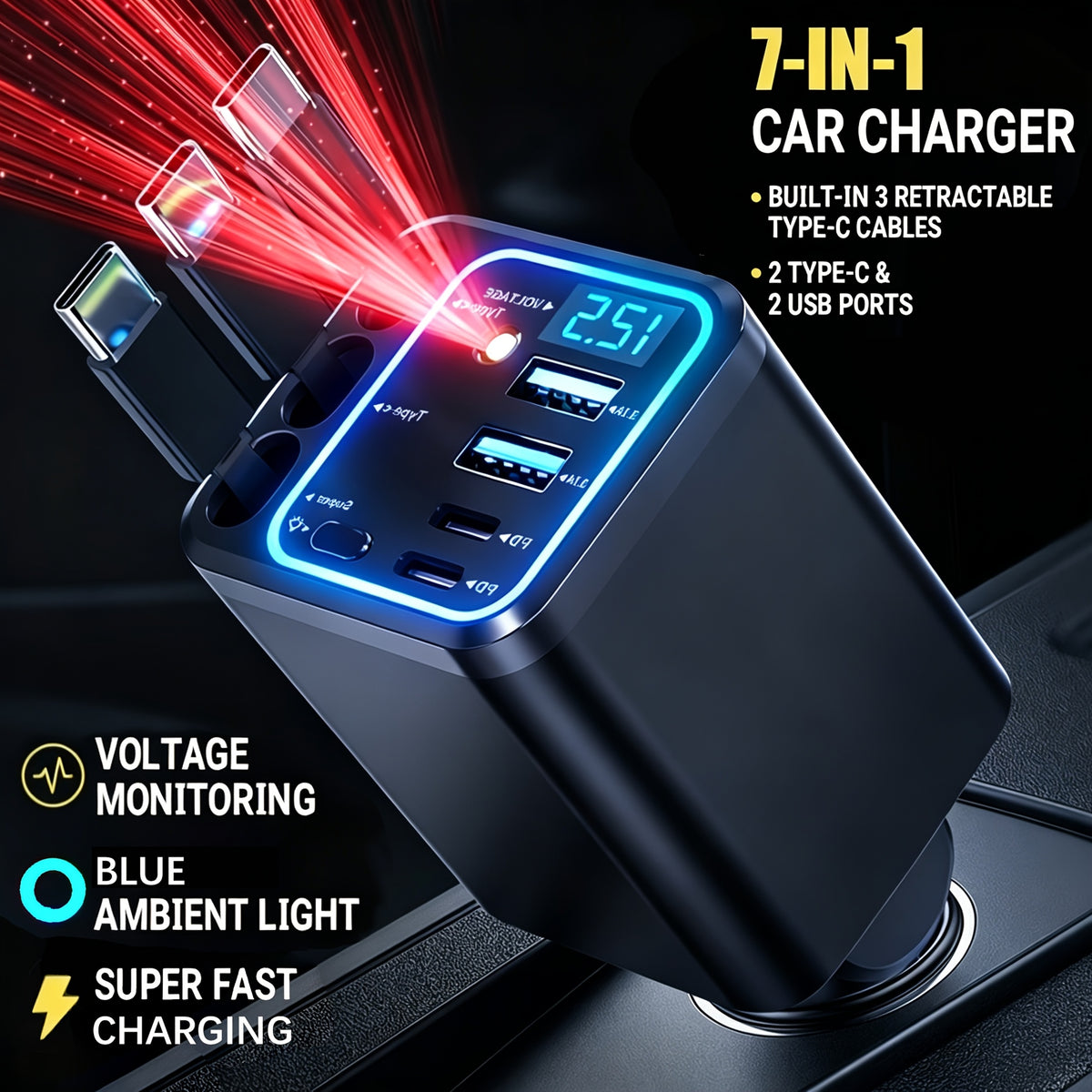 3-in-1 Retractable Car Charger