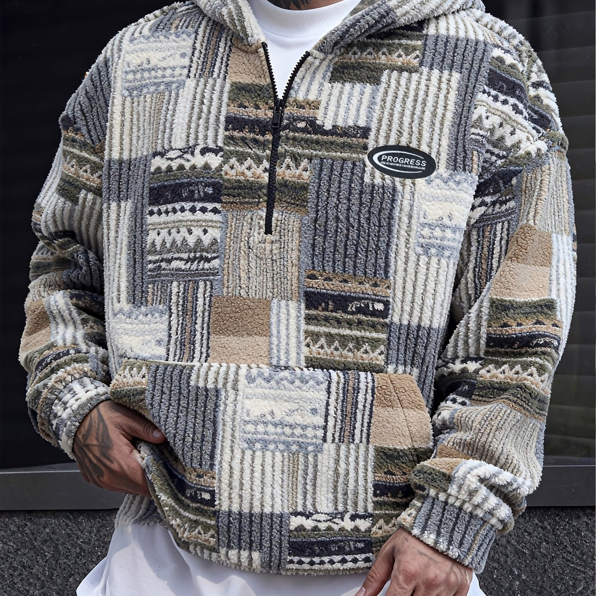 Men’s Geometric Pattern Hooded Pullover with Half Zip