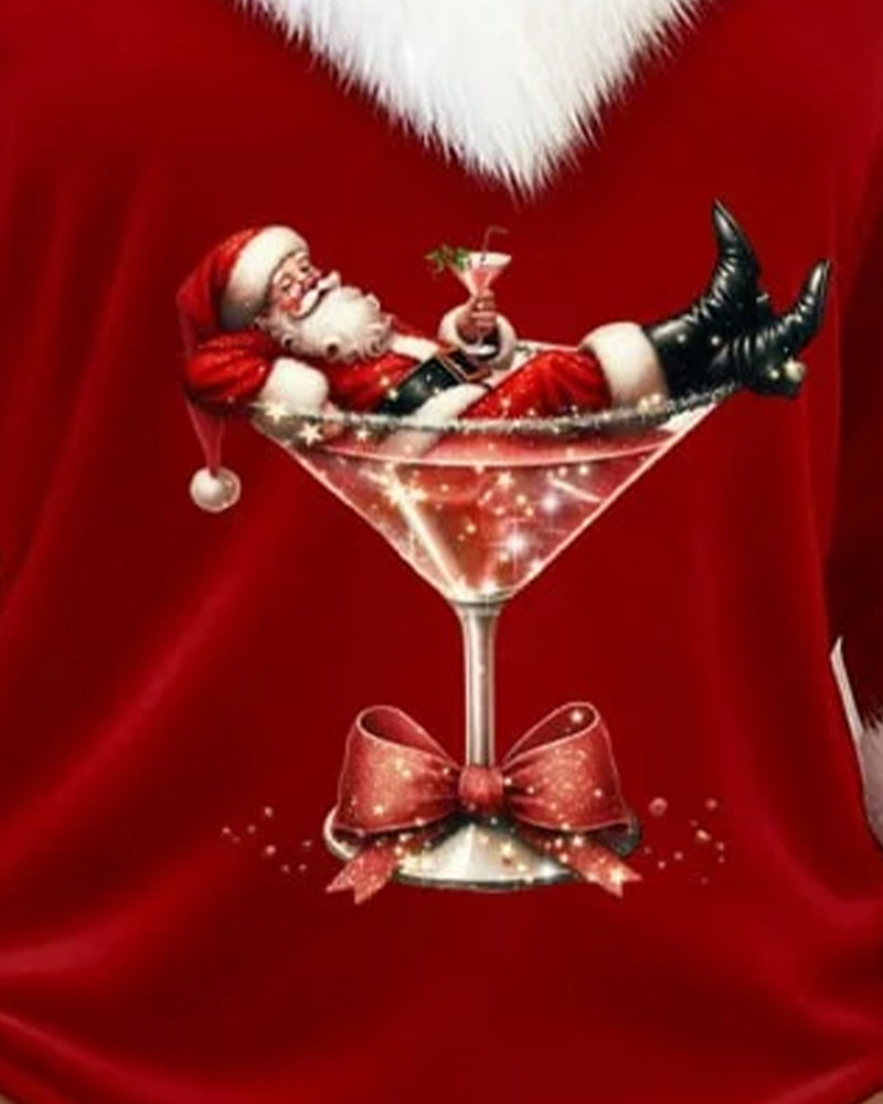 Top da donna con stampa natalizia di Babbo Natale e bordo in pelliccia sintetica
