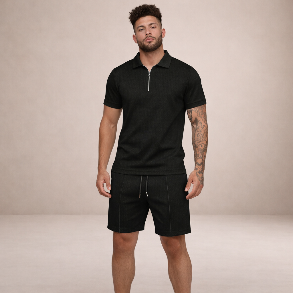 Herren-Set aus strukturiertem Polo und Shorts mit Halb-Reißverschluss-Design