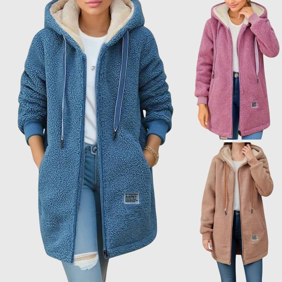 Chaqueta larga de sherpa con capucha para mujer