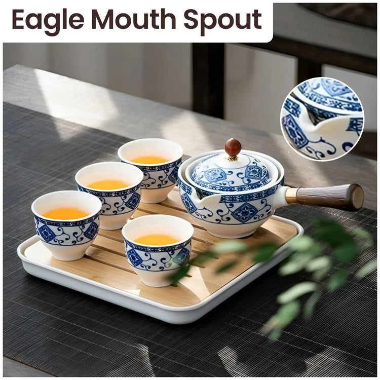 Juego de té Gongfu de porcelana con asa lateral de madera y tapa ajustada