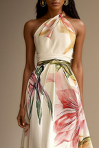 Vestido maxi con cuello halter y estampado floral para mujer con detalle en la cintura