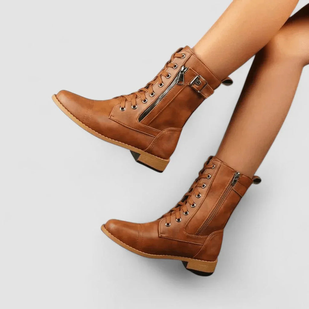 Ankelboots för kvinnor med snörning och sidodragkedja