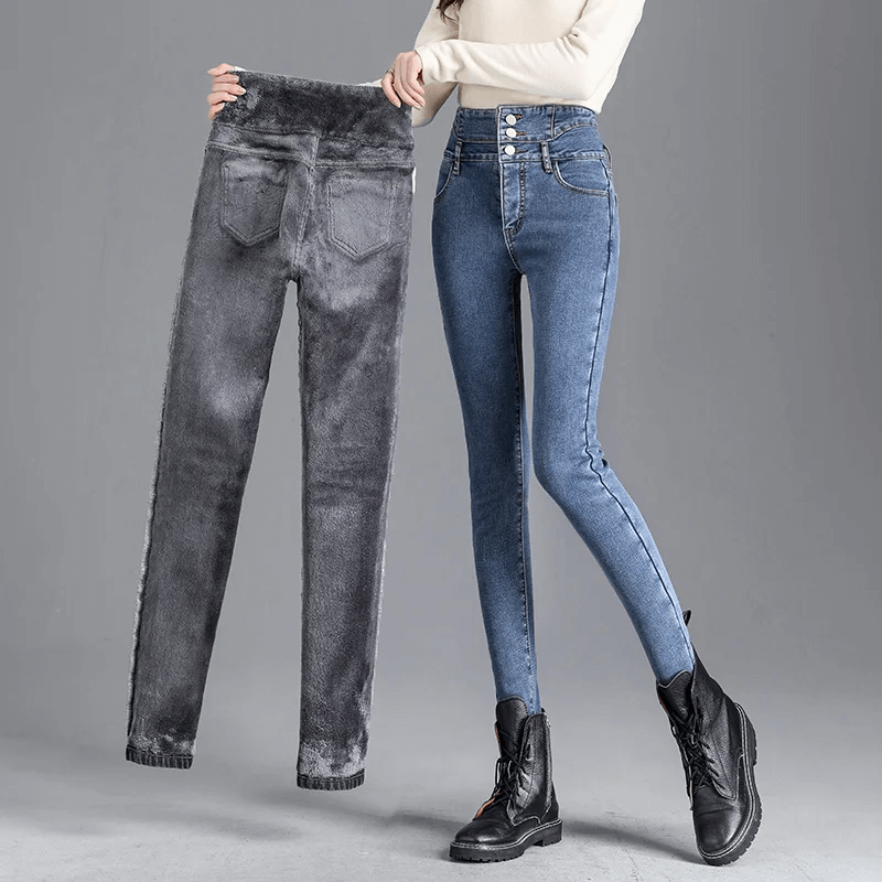 High-Waisted Fleece-Lined Slim-Fit Trousers