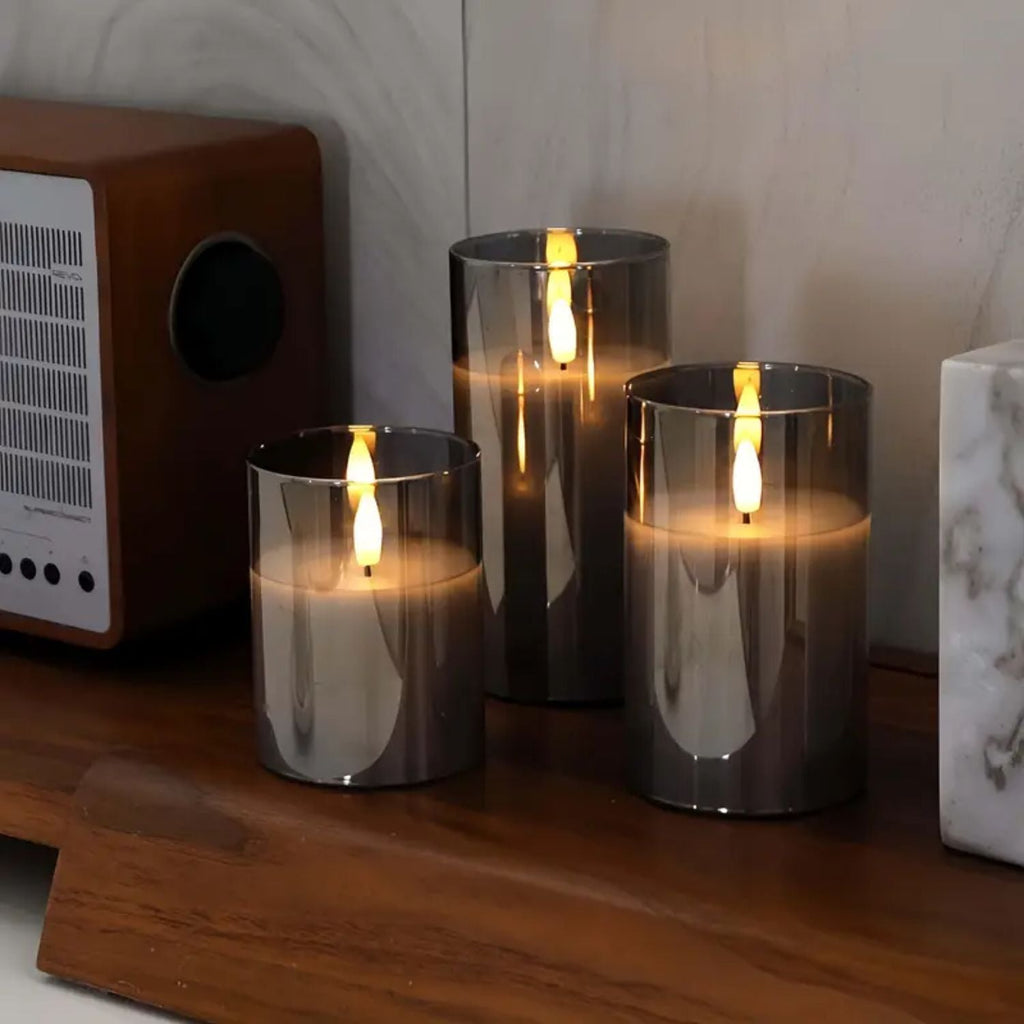 Set di 3 candele LED in vetro senza fiamma con telecomando