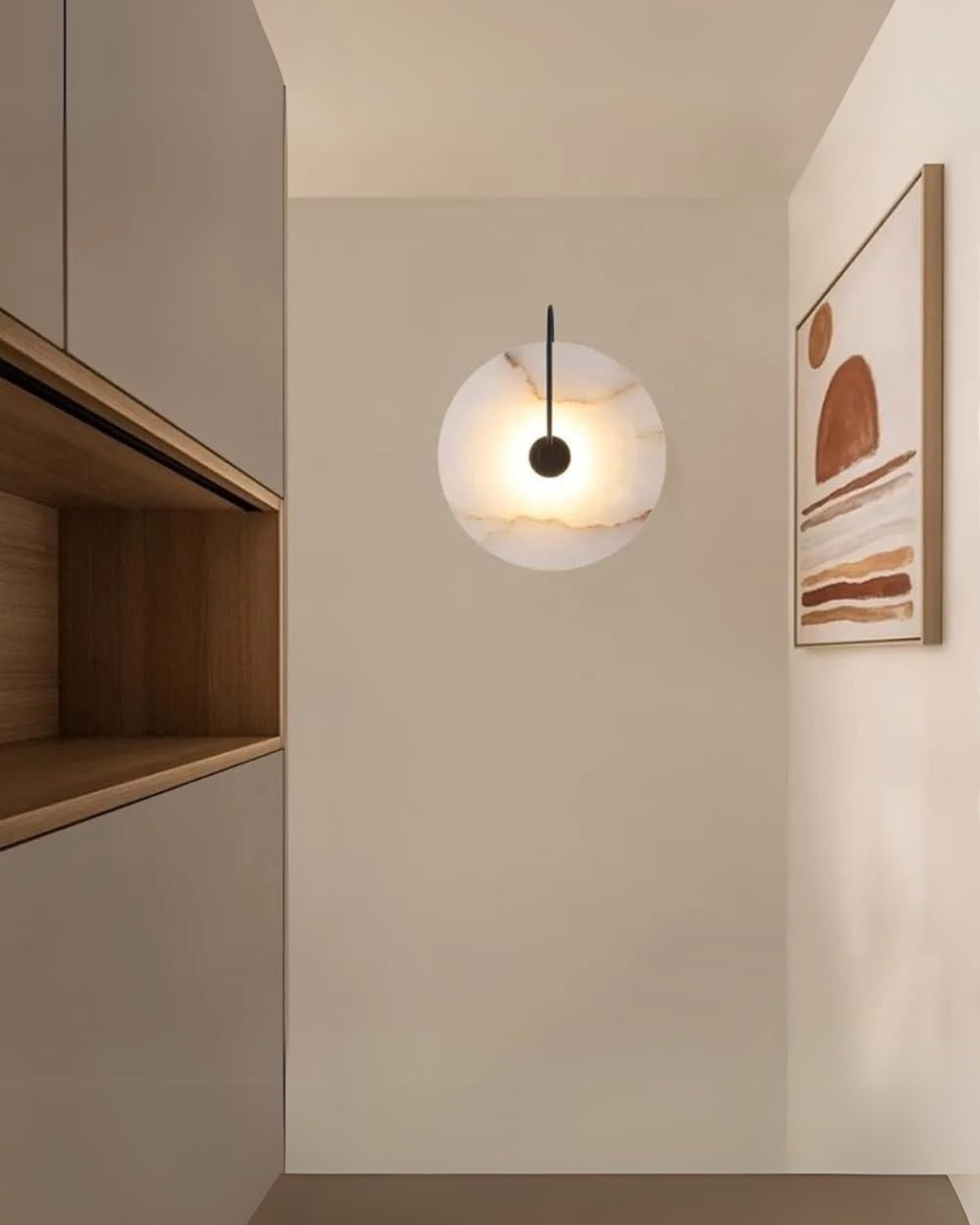 LED-Wandleuchte aus Alabaster mit kreisförmigem Steinschirm und warmem, indirektem Licht