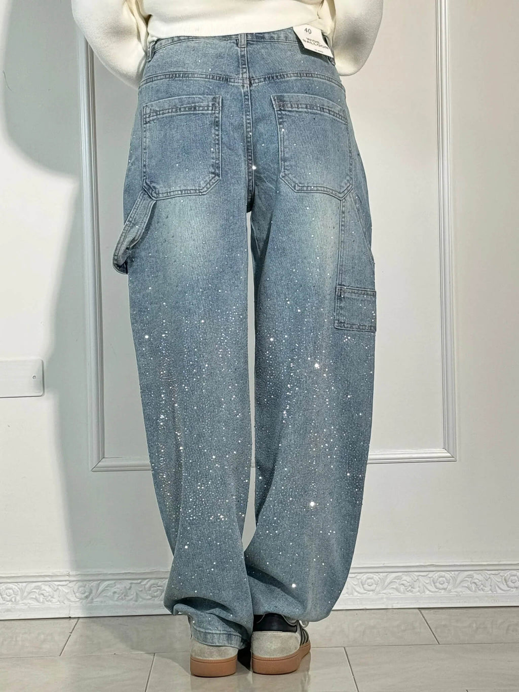Women's High-Waisted Rhinestone Straight Leg Jeans with Sparkling All-Over Embellishment