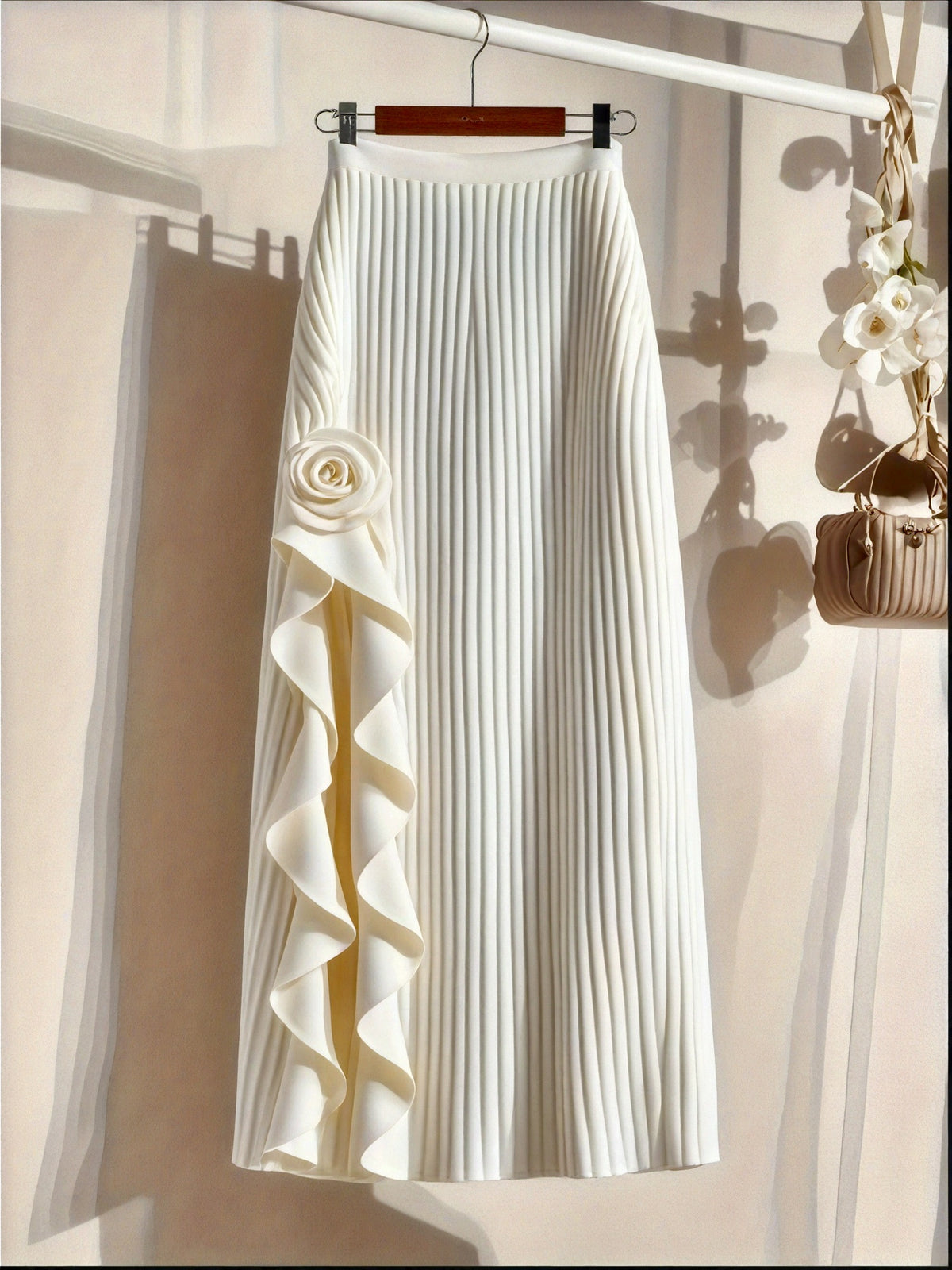 Women’s Pleated Maxi Skirt with Floral Ruffle Detail