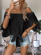 Blouse à épaules dénudées avec nœud sur le devant et manches à volants pour femme
