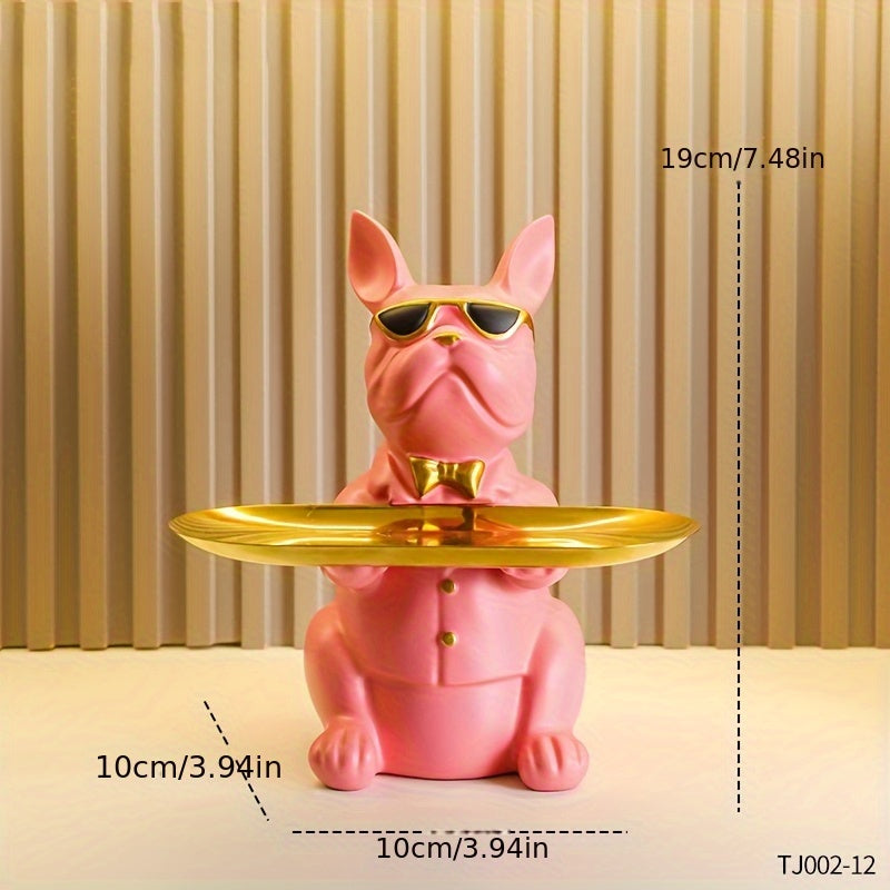 Figura de bulldog francés con bandeja para joyas y plato ovalado en tono dorado para decoración del hogar