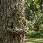 Vogelfutterhaus aus Kunstharz in Baumgesichtform mit Futterschale