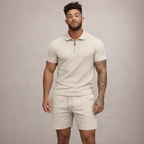 Herren-Set aus strukturiertem Polo und Shorts mit Halb-Reißverschluss-Design