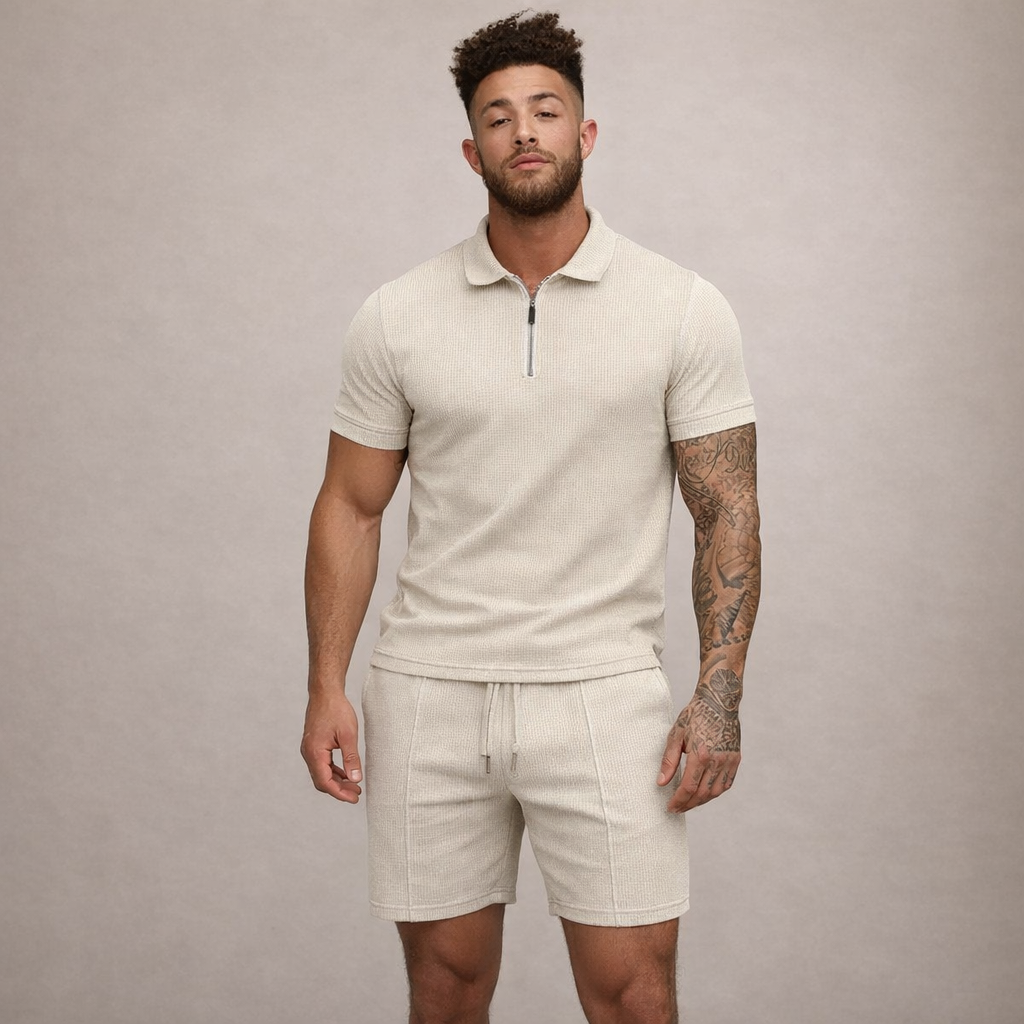 Herren-Set aus strukturiertem Polo und Shorts mit Halb-Reißverschluss-Design