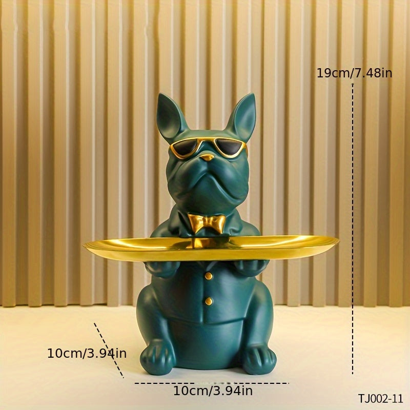 Figura de bulldog francés con bandeja para joyas y plato ovalado en tono dorado para decoración del hogar
