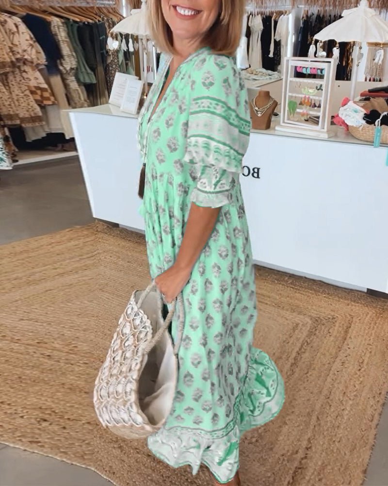 Robe maxi imprimé bohème pour femmes avec col à nouer à pompons