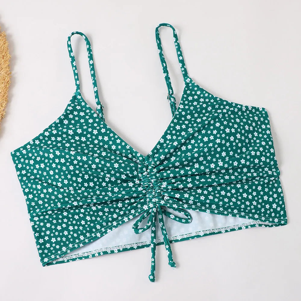 Kvinders blomsterprint tankini sæt med snøre-top og badeshorts