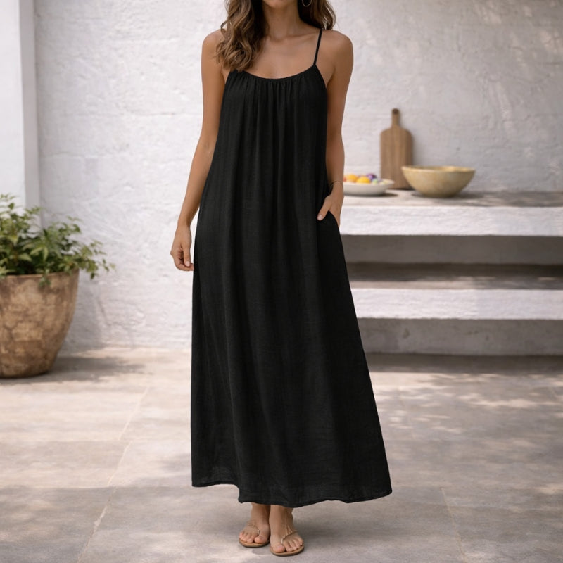 Robe maxi sans manches à bretelles spaghetti avec poches latérales pour femme