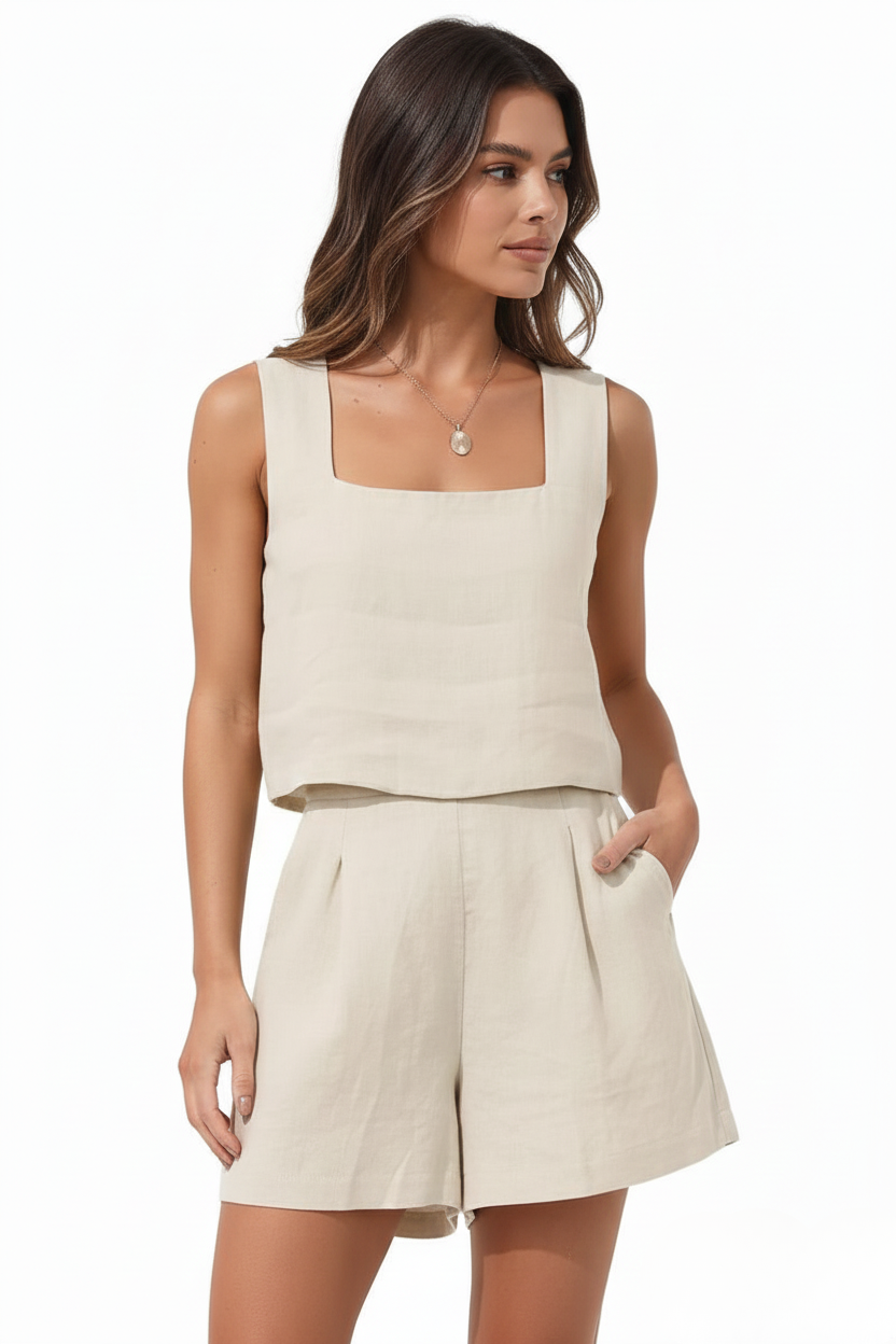 Women's Linen Two-Piece Shorts Set with Square Neck for Summer Wear