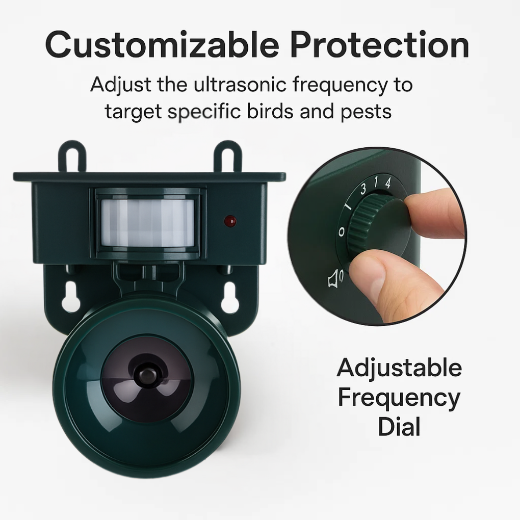 Ahuyentador de aves con sensor de movimiento para exteriores y modos de sonido ajustables