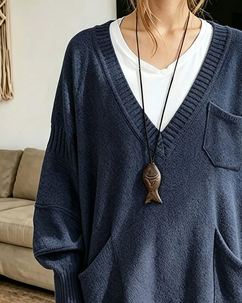 Oversized tröja med V-ringning och ficka för kvinnor