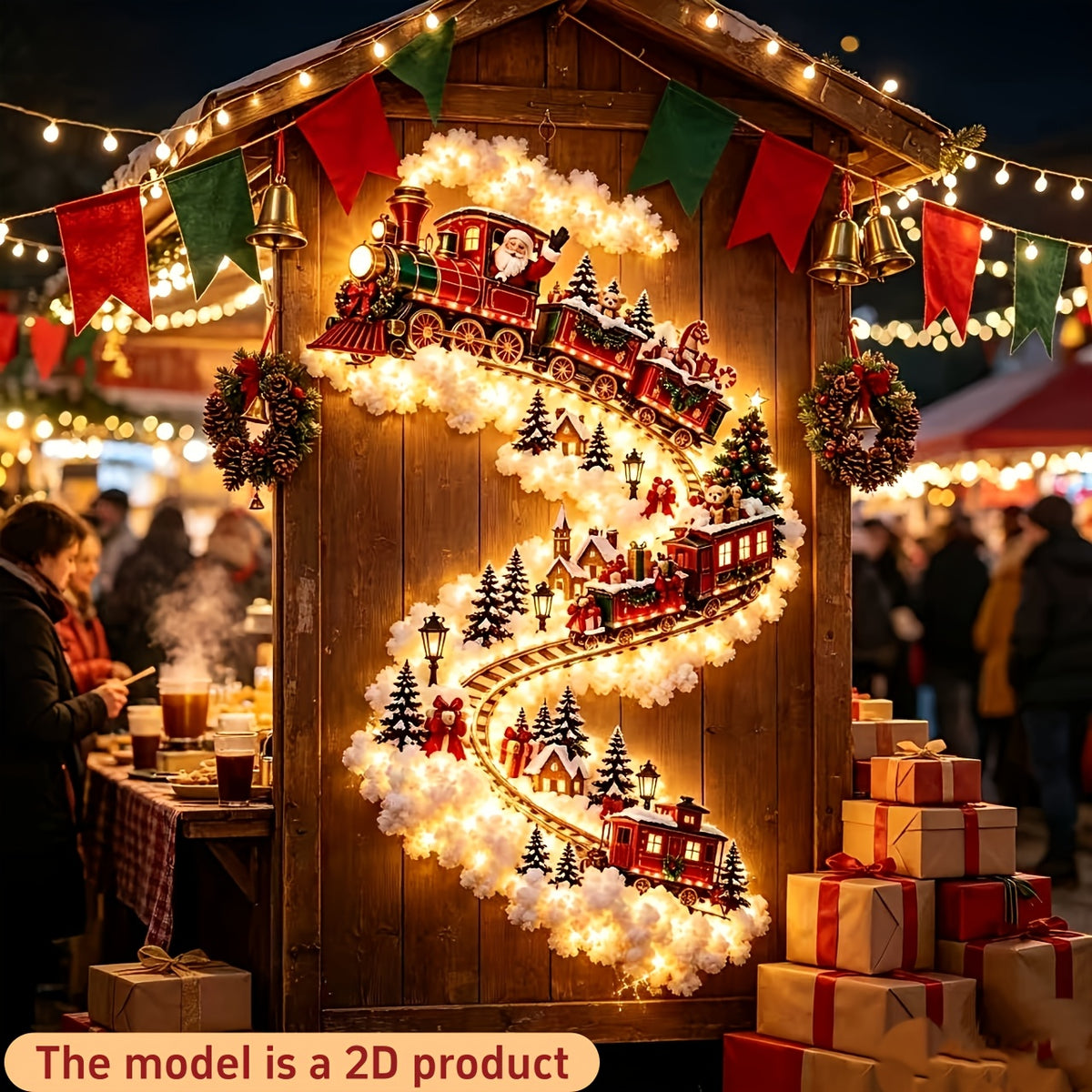 Beleuchtete Weihnachtszug-Wanddekoration mit dem Weihnachtsmann und festlicher Dorfszene