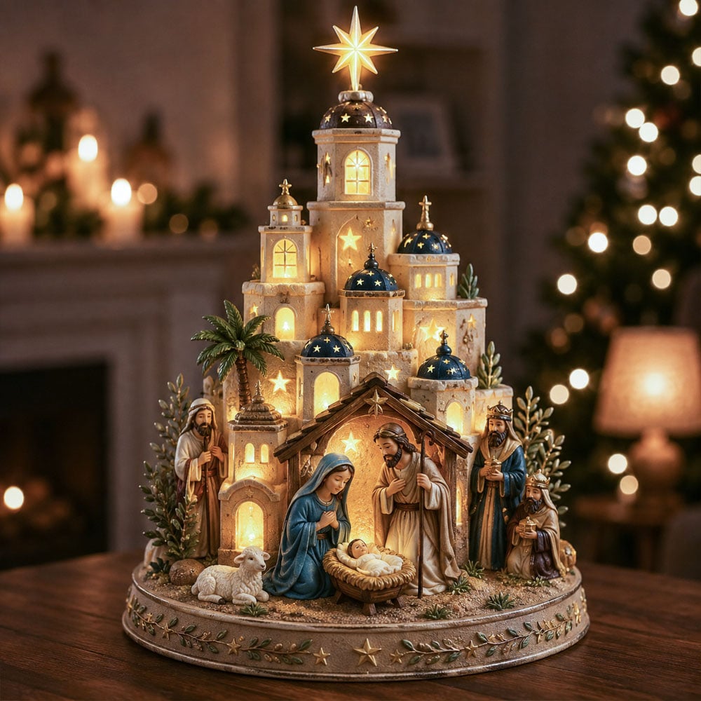 Decorazione natalizia con scena della Natività illuminata e ricchi dettagli religiosi