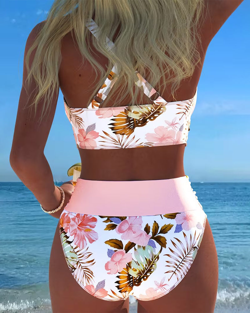 Conjunto de bikini cruzado con estampado floral para mujer y braguita de talle alto con soporte