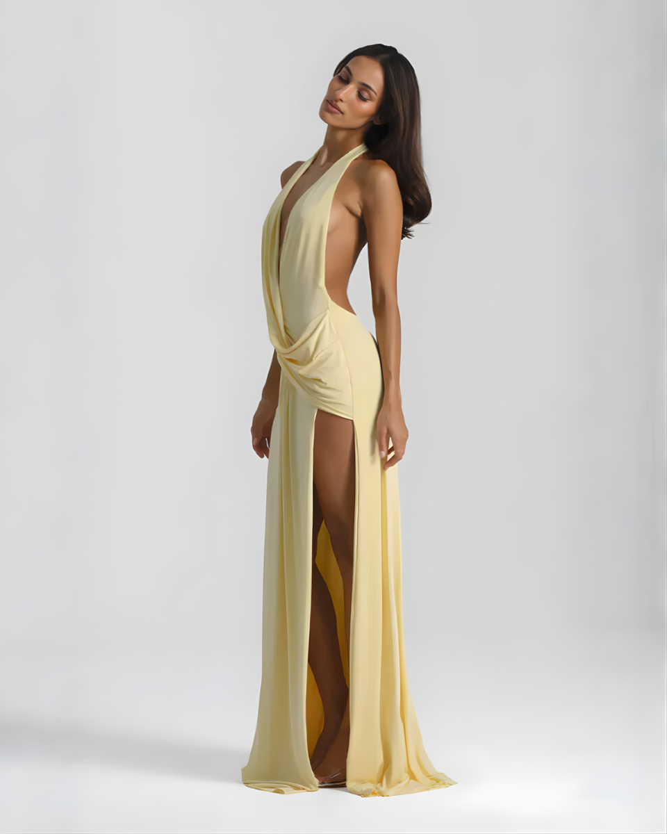 Robe maxi dos nu pour femmes avec fente latérale drapée  