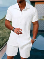 Conjunto a juego de camisa con botones y pantalones cortos texturizados para hombre