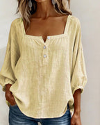 Blouse en coton et lin pour femme à col carré et manches trois-quarts