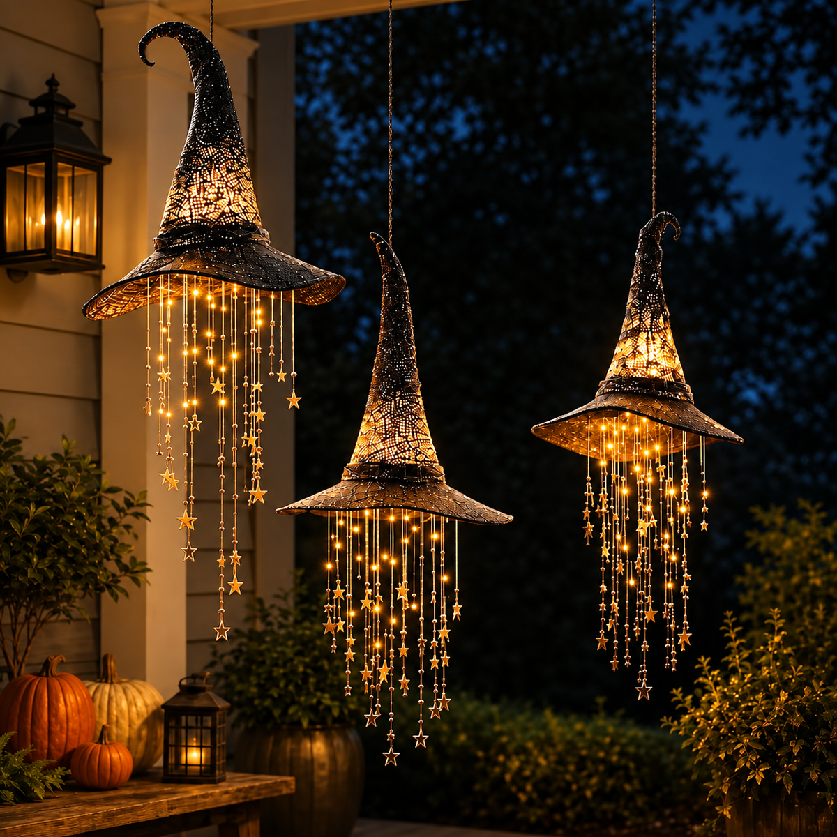 Luci a forma di cappello da strega di Halloween da appendere, con stelle decorative, per decorare la casa durante le feste