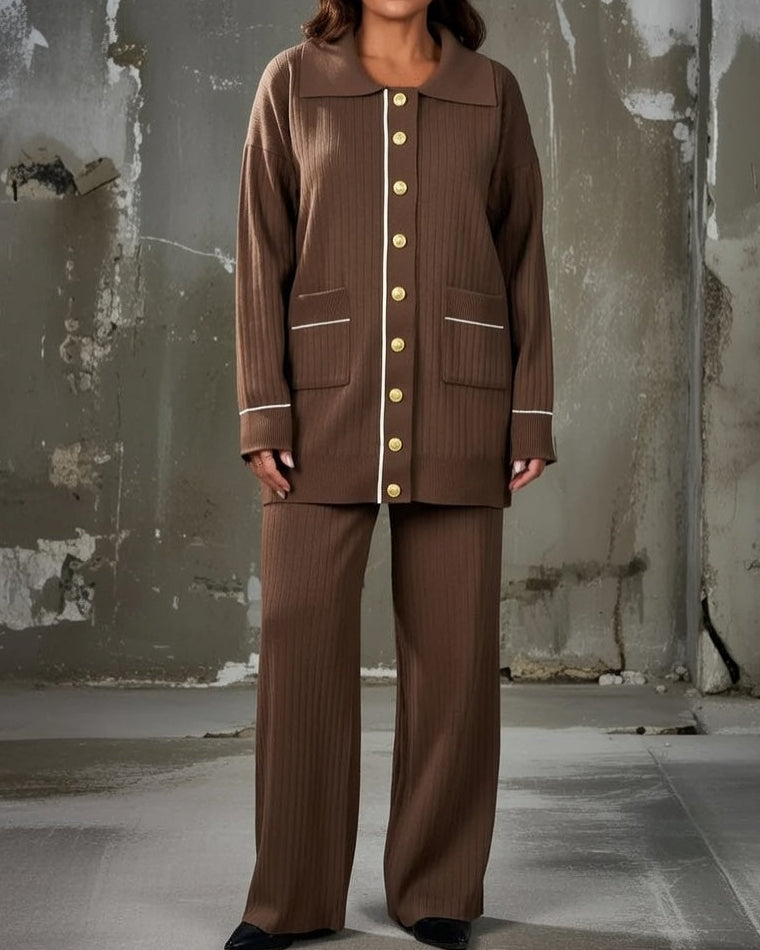 Women's Ribbed Button-Front Pants Set