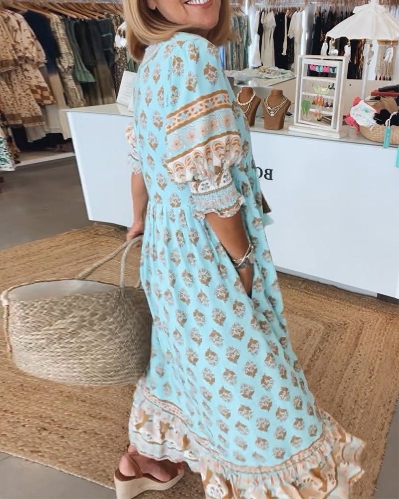 Robe maxi imprimé bohème pour femmes avec col à nouer à pompons