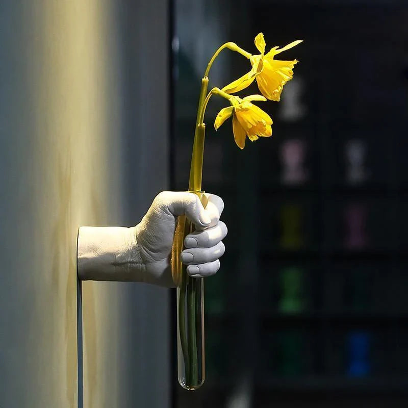 Sculptural Hand Wall Vase with Glass Tube