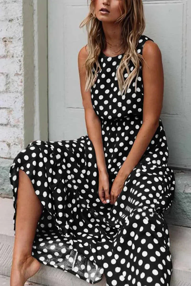 Robe longue à pois sans manches pour femme