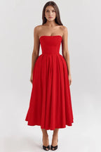Women's Strapless Midi Dress with Corset Bodice and Pleated Skirt Design